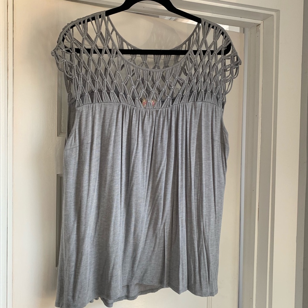 Crochet topped knit shirt